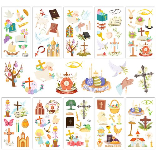 HOWAF 90+ pcs Religions Christian Temporary Tattoos, 10 Sheets Jesus Christian He is Risen Easter Temporary Tattoos for Face Hand Body, Waterproof Tattoos Stickers for Easter Spring Party Favors