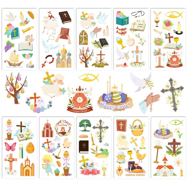 HOWAF 90+ pcs Religions Christian Temporary Tattoos, 10 Sheets Jesus Christian He is Risen Easter Temporary Tattoos for Face Hand Body, Waterproof Tattoos Stickers for Easter Spring Party Favors