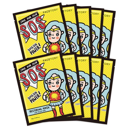 FACETORY SOS Restoring Sheet Mask with Royal Jelly - Soft Sheet Mask, For Oily, Combo, Dry, and Acne-prone skin - Soothing, Calming, Moisturizing Face Mask (Pack of 10)