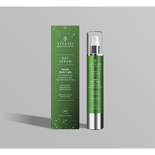 Vitasei AM Day Serum W/Apple Stem Cells, Hyaluronic Acid, Green Tea, Chamomile Extract, Orange, Vitamin C, Olive & Aloe Vera for Face - Anti-Aging & Moisturizing Facial Serum for Women - 1.7 Fl oz