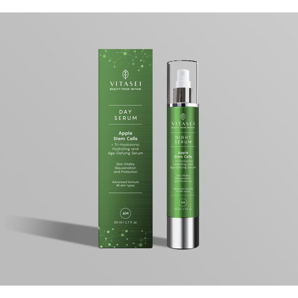 Vitasei AM Day Serum W/Apple Stem Cells, Hyaluronic Acid, Green Tea, Chamomile Extract, Orange, Vitamin C, Olive & Aloe Vera for Face - Anti-Aging & Moisturizing Facial Serum for Women - 1.7 Fl oz