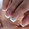 French Tip Press on Nails Pink Fake Nails Medium Length Glue on Nails Square False Nails with Pink Blue Butterfly Design White Tip Acrylic Press on Nails Cute Artificial Nails Glossy Stick on Nails