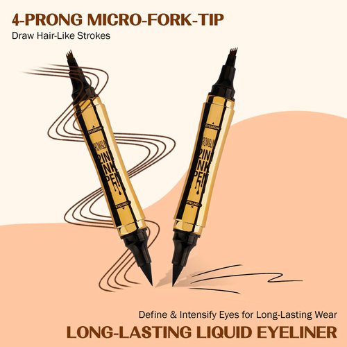 Microblading Eyebrow Pencil, Eyebrow & Eyeliner 2-in-1 Dual-Ended Eyebrow Pen with 4-Prong Micro-Fork-Tip Applicator and No-Skip Eyeliner Creates Natural-Looking Brows, Stay on All Day (Dark Brown)
