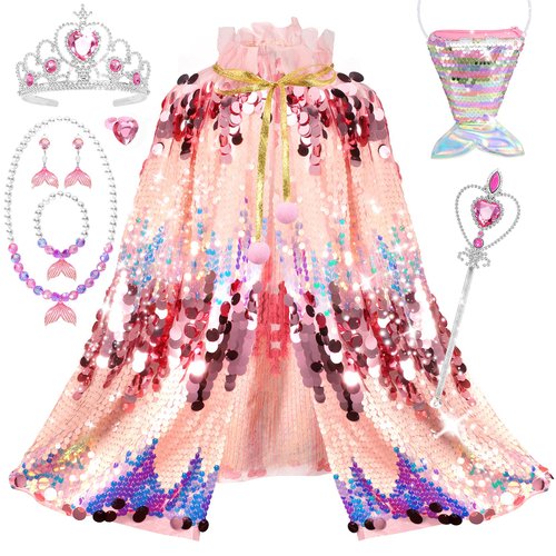 LIMIROLER Princess Dress Up Toys Mermaid Dress Up Cape Kit 9 Pcs Gift Set for Little Girls 3-8 Years Old, Princess Dress Up Clothes Set Gift for Birthday Christmas Party Halloween (Pink)