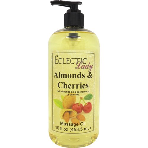 Almonds And Cherries Massage Oil, 16 oz, With Sweet Almond Oil and Jojoba Oil, Preservative Free, Perfect for Aromatherapy and Relaxation