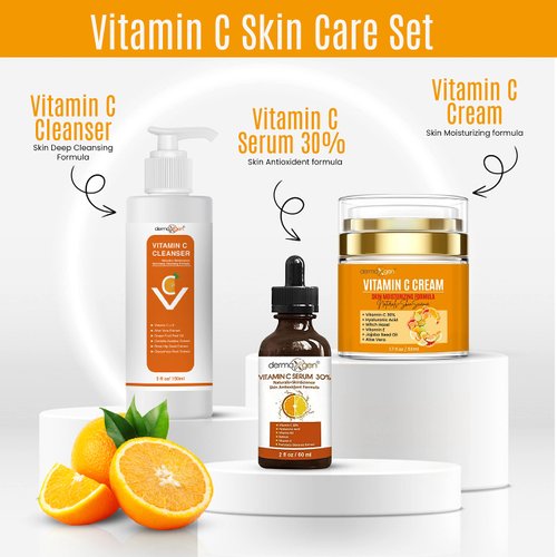 Dermaxgen Vitamin C Complete Facial Care Kit - Organic Glowing Skin Anti-Aging, Rejuvenating, Boosting Collagen & Hydrating - Day & Night Brightening Skincare Gift Set