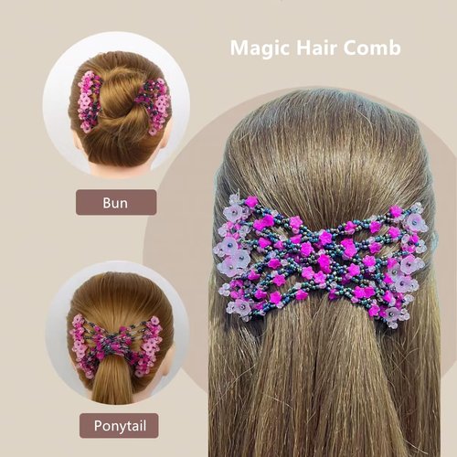 Ruihfas 6Pcs Magic Easy Combs for Women Hair Bun Maker Accessories, Elastic Beaded Double Hair Clips Combs for Hair Styling or Hair Decoration