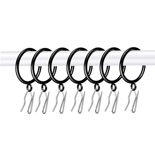 Adiyer 28pcs 1.5-Inch Drapery Rings Black Curtain Rings with Eyelet for Curtain Rod (Pin-on Hooks Included)
