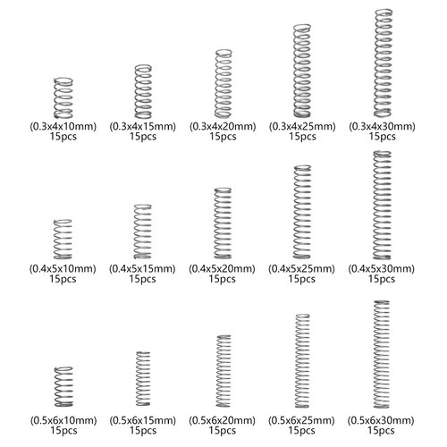 CREEYA Compression Springs Assortment Kit, 15 Different Sizes 225pcs Mini Stainless Steel Springs for Repairs, 0.39" to 1.18" Length, 0.16" to 0.23" OD, 10mm - 30mm Length, 4-6mm OD