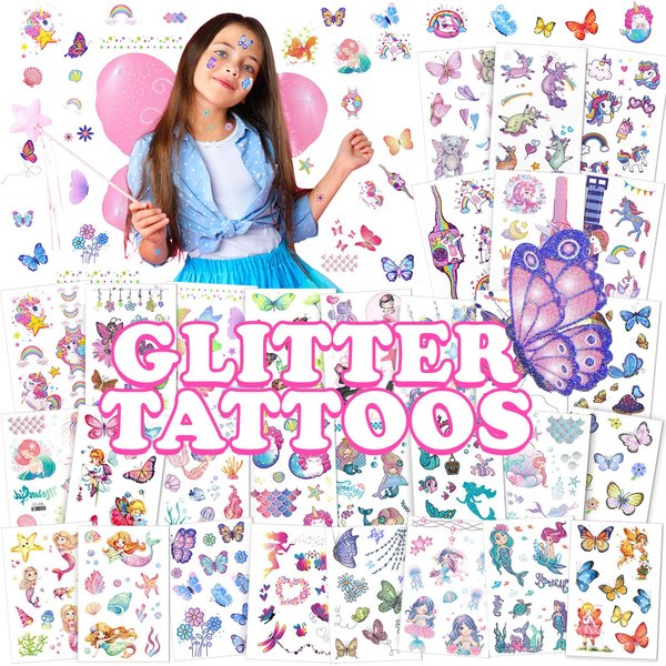 Sinmoe 30 Sheets 400 Pieces Kids Glow Tattoos Glitter Temporary Tattoos Waterproof Glow in the Dark Tattoos for Halloween Birthday Party Favors Goodie Bags Fillers(Unicorn)