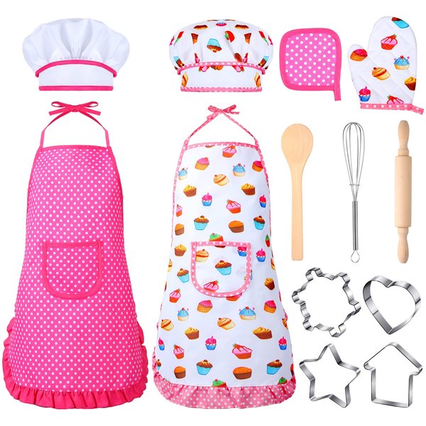 Cunhill Kids Cooking and Baking Set Baking Kit Apron Dress up Chef Costume Kids Aprons for Girls Toddler Chef Hat for Little Girls 2 to 6 Year Old