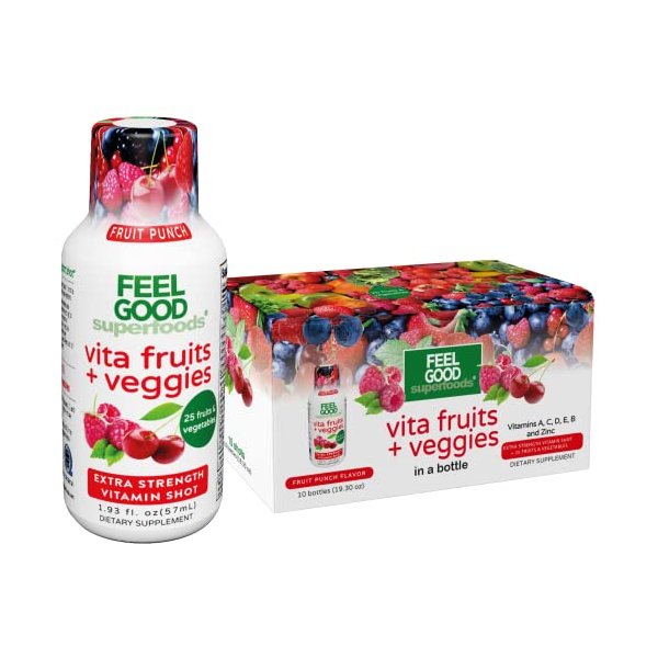 FeelGood Superfoods Vita Fruits and Veggies Immune Support Shot Supplements, Fruit Punch Flavor, Pack of 10 Immunity Shots, Immune System Booster Drink Made with 25 Organic Fruit & Vegetables