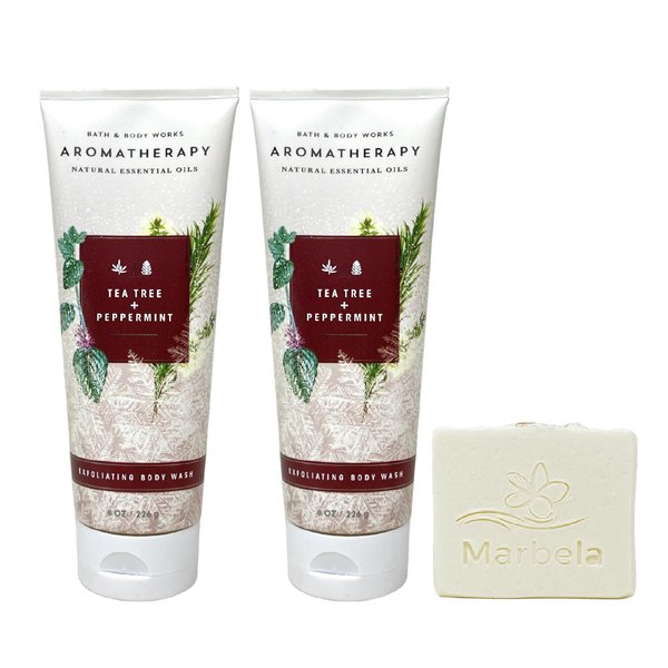 Bath & Body Works Aromatherapy Tea Tree + Peppermint 2 Pack Exfoliating Body Wash Bundle with a Natural Oats Bar Soap - Full Size