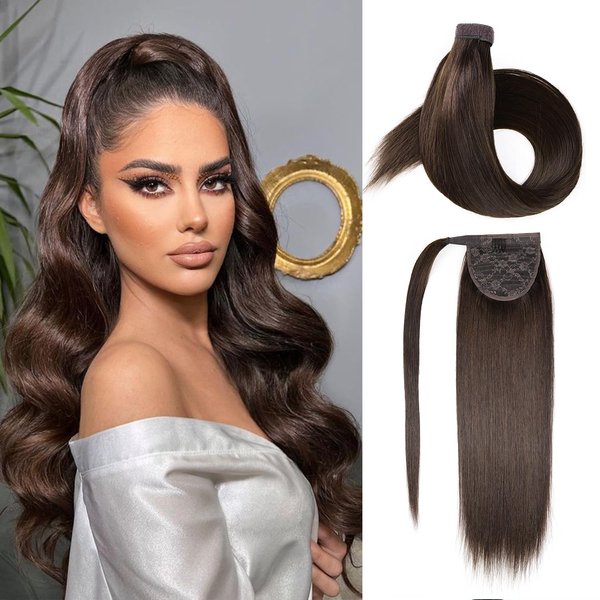 JIAMEISI Ponytail Extension Human Hair Wrap Around Clip in Hair Piece Ponytail Extension Human Hair Straight Ponytail Hair Extensions with Magic Paste 65G 14 Inch #2 Darkest Brown