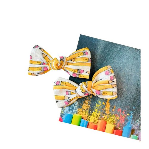 School Pencil Hair Bows, Back to School hair Bows for toddlers and Girls, Hair Clips or headbands, handmade in USA (Pencils knot Pigtails Set)
