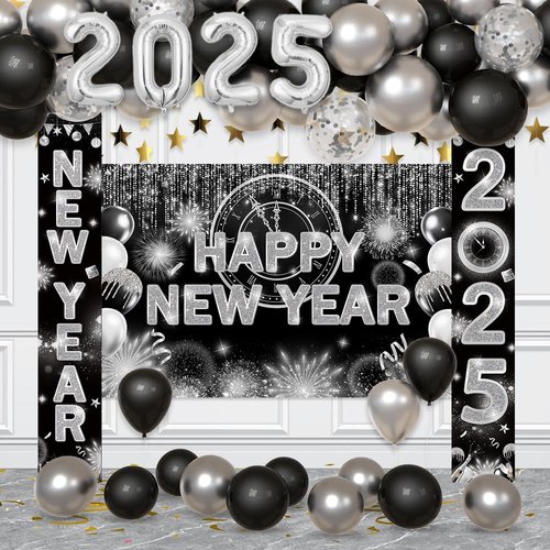 AIBIIN 75Pcs Black and Silver New Years Decorations 2025 Happy New Year Decorations Kit New Year Banner, New Year Balloon Arch and 2025 New Year Porch Banner for 2025 New Years Eve Party Supplies