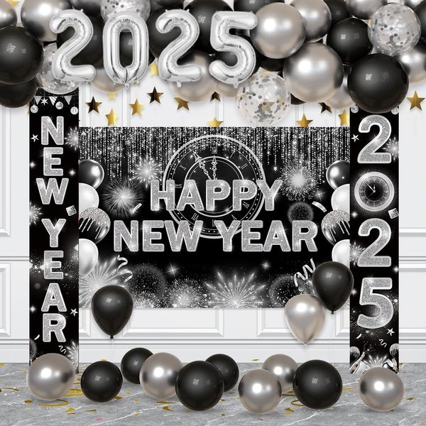 AIBIIN 75Pcs Black and Silver New Years Decorations 2025 Happy New Year Decorations Kit New Year Banner, New Year Balloon Arch and 2025 New Year Porch Banner for 2025 New Years Eve Party Supplies