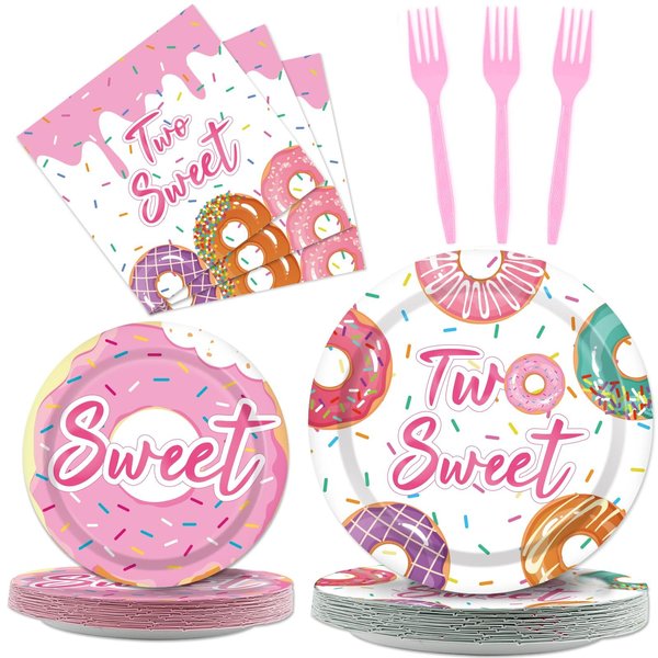 96 Pcs Two Sweet Donut Birthday Party Supplies Girls Donut Themed Tableware Table Decor Baby Girl 2nd Birthday Donut Plates Napkins Dinnerware Party Favor for Girls Birthday Baby Shower 24 Guests