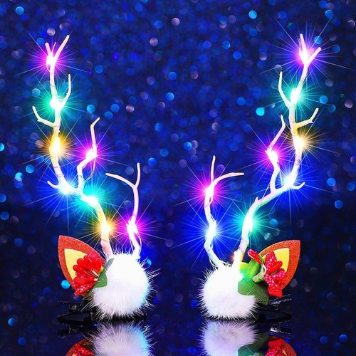 CAKURE Light Up Christmas Hair Clips Branches Hair Barrettes LED Hair Clip Elk Cute Hair Decoration for Christmas Hair Accessories for Women and Girls (a-colorful)