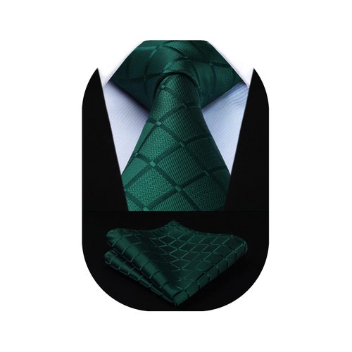 HISDERN Ties for Men Green Plaid Tie Handkerchief Classic Men's Necktie & Pocket Square Set Formal Mens Ties Emerald Hunter Forest Green for Wedding