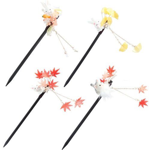 Vctitil 4Pieces Traditional Cute Rabbit Hair Stick Set,Chinese Hanfu Hair Retro Handmade Wooden Hair Stick Classical Styling Accessories for Women Girls(Red)