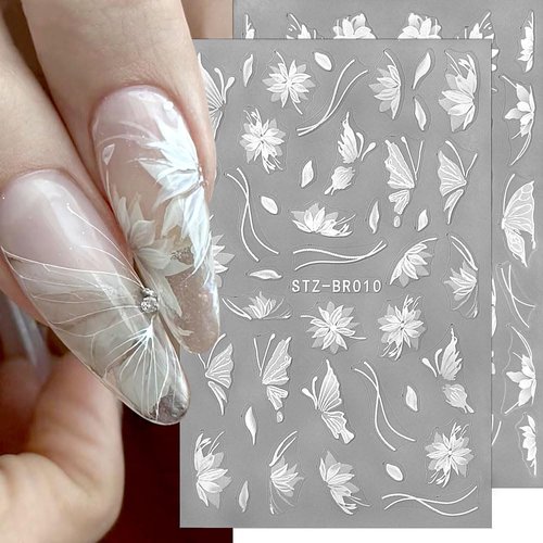 3D White Lace Flower Nail Stickers for Women Acrylic Flower Butterfly Nail Decals for Nail Art Supplies Magnolia Flowers Nail Art Stickers Floral Nail Sticker Matte Frosted Flower Stickers for Nails