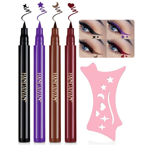Wugbc Liquid Eyeliner Stamp, 4 Colors Waterproof Eyeliner Pencil & Silicone Winged Eye Liner Stencil Black Red Brown Purple Eyeliner Eyebrow Eyeshadow Resuable Aid Template Tool Makeup Set for Women