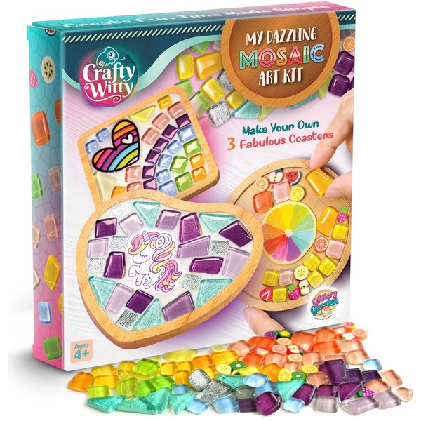 Glittery Garden Mosaic Craft Kit - Decorate Your Own Unicorn and Rainbow Design Coaster with Glass Tiles. Birthday Gift, Fun DIY Art and Craft Supplies. Girls, Kids & Teens Activity Kit