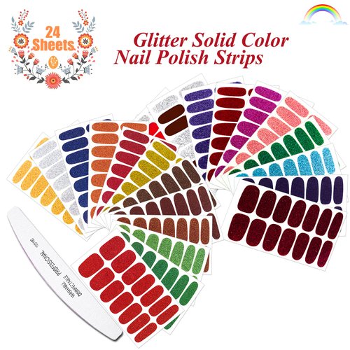 JERCLITY 24 Sheets Glitter Solid Color Nail Polish Strips Stickers with Nail File Self-Adhesive Nail Strips Stick On Nail Stickers Full Nail Wraps for Women Girls