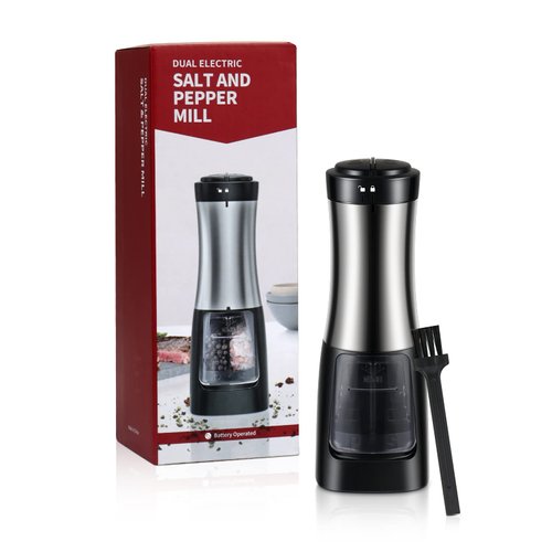 Electric Pepper Grinder, 2 in 1 Salt and Pepper Mill Grinder with Adjustable Coarseness, Kitchen Automatic Pepper, Double Slot, One Hand Operated for Kitchen, Restaurant and BBQ
