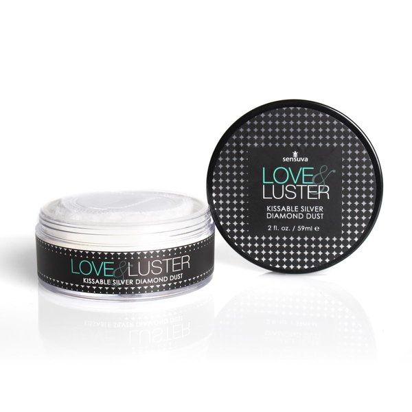 Sensuva Love & Luster Kissable Diamond Dust | Comes with Puffer 2 oz Jar Candy Scent & Flavored Highlighter, Mica Powder, Silver Body Shimmer Face Highlighter Powder, Illuminator for Party & Festival