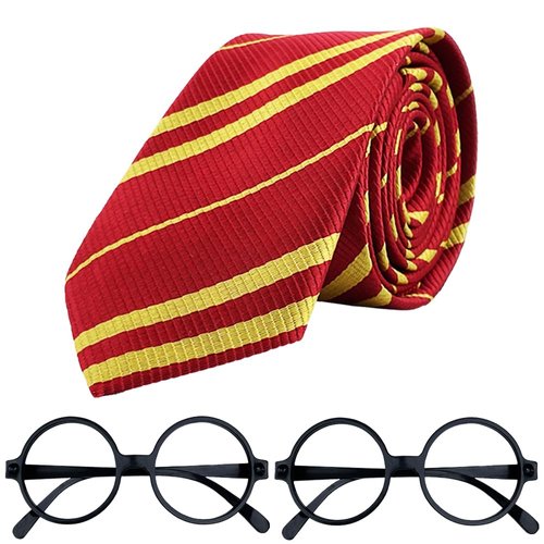 ATOPXiNG 1Pc Wizard Tie + 2PCS Wizard Glasses Set, Cosplay Necktie, Plastic Costume Glasses Black Round Frame No Lenses For Wizard School Day, St Patrick's Day, Themed Birthday Party Favors.