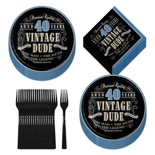 Old Man Vintage Dude Party Supplies - 40th Milestone Birthday Dessert Plates and Napkins (Serves 16)