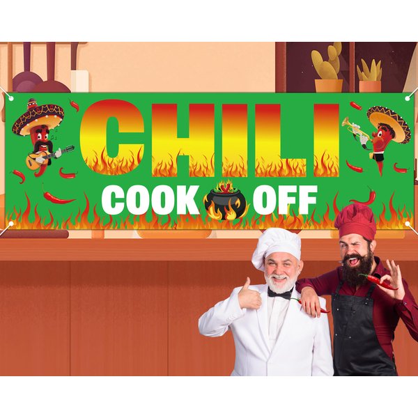QOUBAI Chili Cook Off Banner, Green, 71 x 24 Inches, Premium Material, for Mexican Fiesta, Cinco De Mayo, Party Supplies