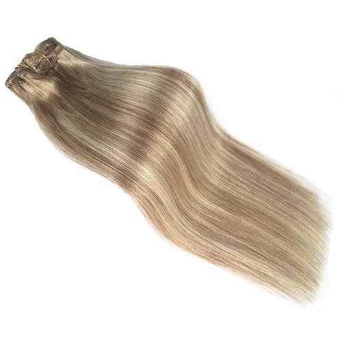 VALIILO 14 inch Human Hair Extensions Clip in Highlighted Golden Brown with Blonde Balayage Hair Extensions Clip in Remy Thick Hair Real Straight Natural Hair Extensions 7pcs 120g