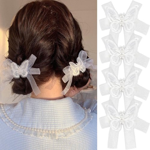Butterfly Hair Clip White Lace Pearl Hair Bows Embroidery Butterfly Hair Pins 4Pcs Sweet Wedding Hair Barrette Snap Metal Alligator Bowknot Clips Small Fairy Hair Accessories for Women Girls Teens