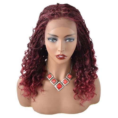 Healthlif Lace Braided Wig For Black Women Premium Synthetic Wavy Hair Twist Box Braids Wigs With Baby Hair Hand Braided Wig Swiss Lace Front Wigs 18 Inch Micro Braid Wig #T1B/BUG Black Mix Red