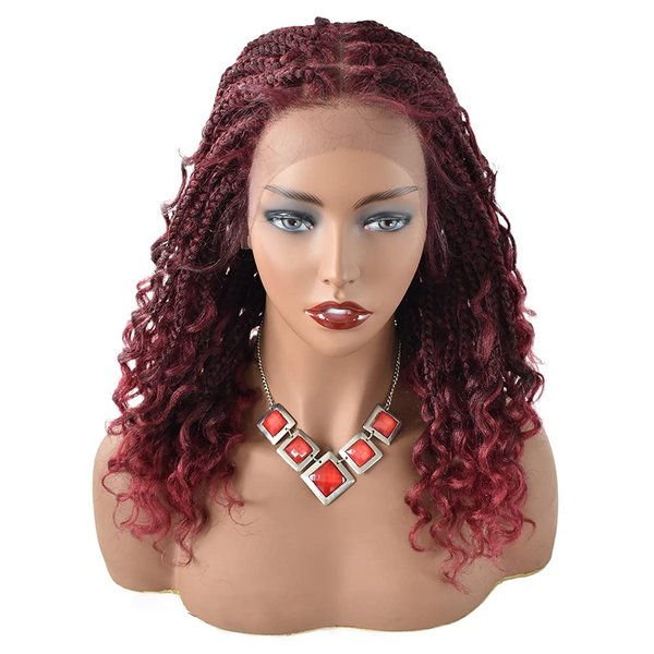 Healthlif Lace Braided Wig For Black Women Premium Synthetic Wavy Hair Twist Box Braids Wigs With Baby Hair Hand Braided Wig Swiss Lace Front Wigs 18 Inch Micro Braid Wig #T1B/BUG Black Mix Red