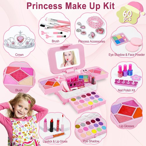 Kids Makeup Kit for Girl with 3-Color LED Lighted Makeup Mirror, DAUXONE ® 60 Pcs Makeup Set for Girls,Real & Washable Kids Makeup Toys for Ages 3-12 Girl Birthday Gift
