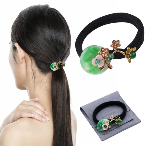 Vintage Chinese Natural Jade Gemstone Hair Tie, Retro Hair Accessories for Women, Flower Hair Elastic Rope, Emerald Pearl Ponytail Holder, Green Chalcedony Donut Jewelry for Chinese Traditional Dress…