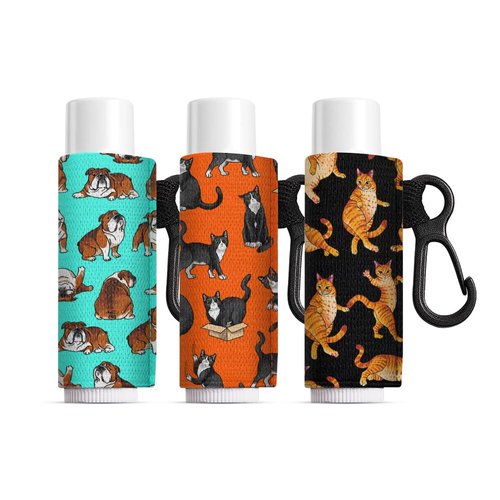 WIRESTER Set of 3 Chapstick Holder Keychain, Elastic Lip Balm Holder Sleeves for Women - English Bulldog, Tuxedo Cat, Tabby Cat Funny Playful Postures