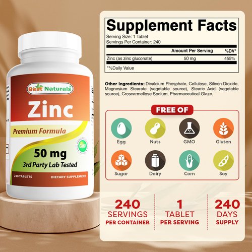 Best Naturals Zinc supplement as Zinc Gluconate 50mg 240 Tablets Pack of 3