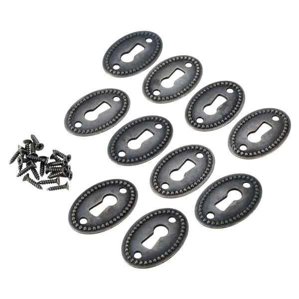 dophee 10Pcs Oval Stamped Antique Brass Decorative Keyhole Cover Plate, Keyhole Escutcheon Plate for Cabinet, Door, Dresser, Drawers, Desk Furniture Hardware