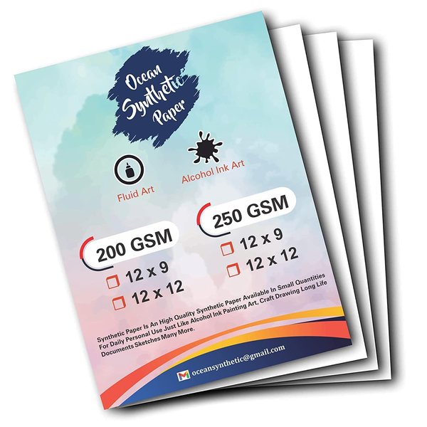 Ocean Synthetic Paper Alcohol Ink Paper | Paper for Alcohol Ink Art Painting | 330 microns/250 GSM | 10+2 Sheets | 100% Stain-Free, White, 12 x 9 inches