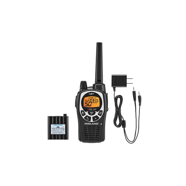 Midland GXT1000AZ GMRS Two-Way Radio (50-Channel, Long Range, 142 Privacy Codes, SOS, NOAA, Rechargeable Nickle Battery, Black/Silver, Single Pack)
