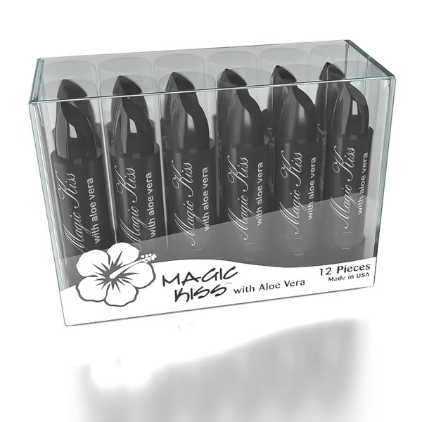 Magic Kiss Pack of 12 Color Changing Aloe Vera Lipstick set, MADE IN USA (Black)