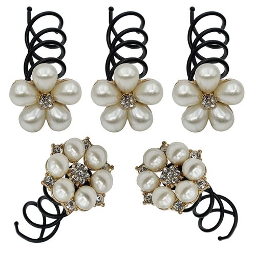 5PCS Imitation Pearl Spiral Twist Screw Hair Pins Rhinestone Flower Hair Clips Spiral Bobby Pins Hair Bun Styling Tool Hair Accessories for Women Lady (D#)
