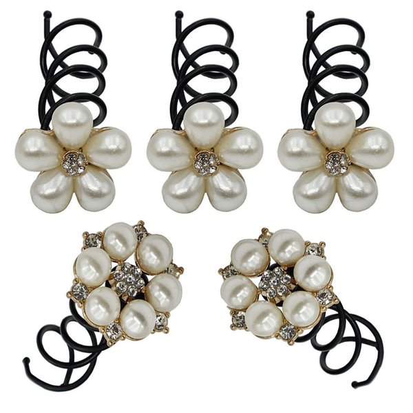 5PCS Imitation Pearl Spiral Twist Screw Hair Pins Rhinestone Flower Hair Clips Spiral Bobby Pins Hair Bun Styling Tool Hair Accessories for Women Lady (D#)