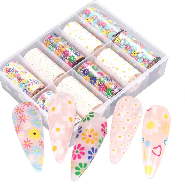 SILPECWEE 10 Rolls Flower Nail Foil Daisy Nail Transfer Foil Holographic Nail Art Foil Iridescent Foil for Nails Fingernail Stickers Nails for Women Manicure Design 3D Nail Art Decoration
