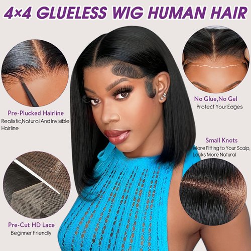 Eyefanniy Glueless Wigs Human Hair Pre Plucked Pre Cut Short Bob Lace Front Wigs for Black Women 4x4 Lace Closure Wig with Elastic Band for Beginners Natural Color 10 Inches